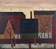 Peder Brøndum Sørensen (1931-2003), Danish painter, oil on board.
Figures and Houses.