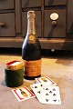 Decorative, old wooden champagne bottle with 2 sets of champagne playing cards 
hidden inside...
