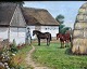 Hansen, Ane 
Marie (1852 - 
1941) Denmark: 
Horses and man 
at farm. Oil on 
canvas. Signed 
1899. 26 ...