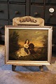 Antique, 19th 
century 
painting, 
painted on wood 
with a motif of 
a young girl 
with her dog 
...