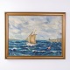 Oil Painting with Sailing Boat, Rough Sea and Lighthouse ...