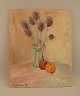 Ray Letellier, fransk kunstner "Pommes et chardons" stilleben med blomster i vase og frugter, olie på plade.