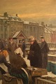 Søren Christian Bjulf (1890-1958). Oil on canvas. Winter atmosphere at Old Dock. Fish wives, police officer and postman. Ca. 1920.