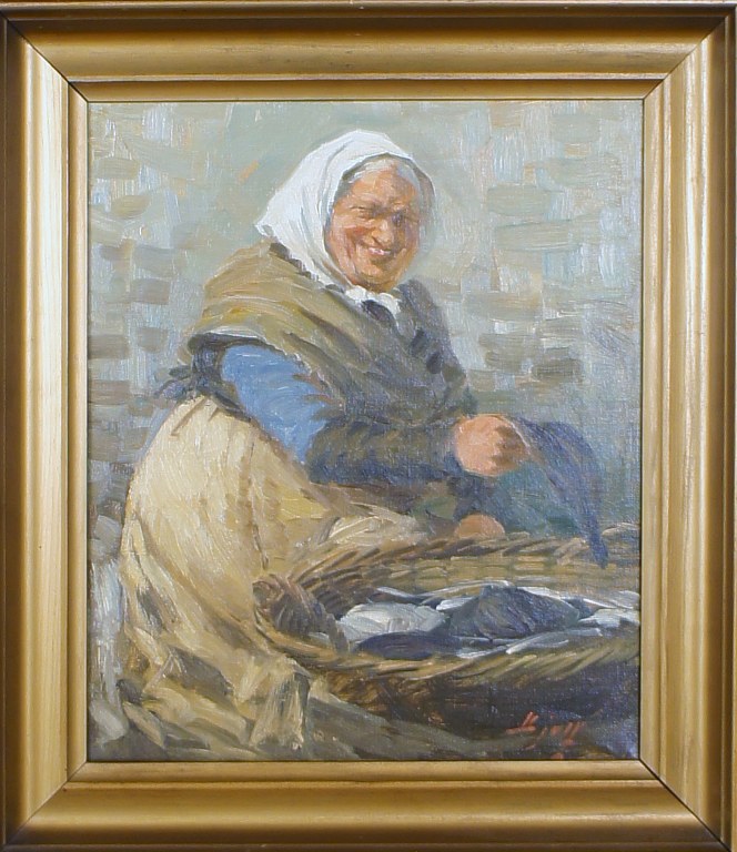 Here you are offered an oil painting on canvas. Fishwife, "Gammel strand", 
Copenhagen. Approximately 1930s.
