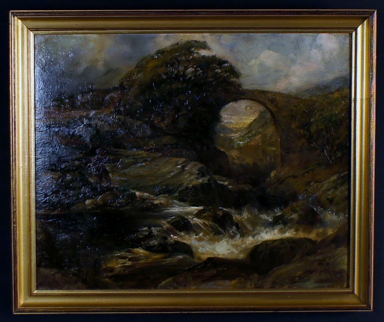 Olie på lærred, landskab med fos, antageligt engelsk eller fransk kunstner. 
Utydeligt signeret "F. Burcher?" 91 (1891)
