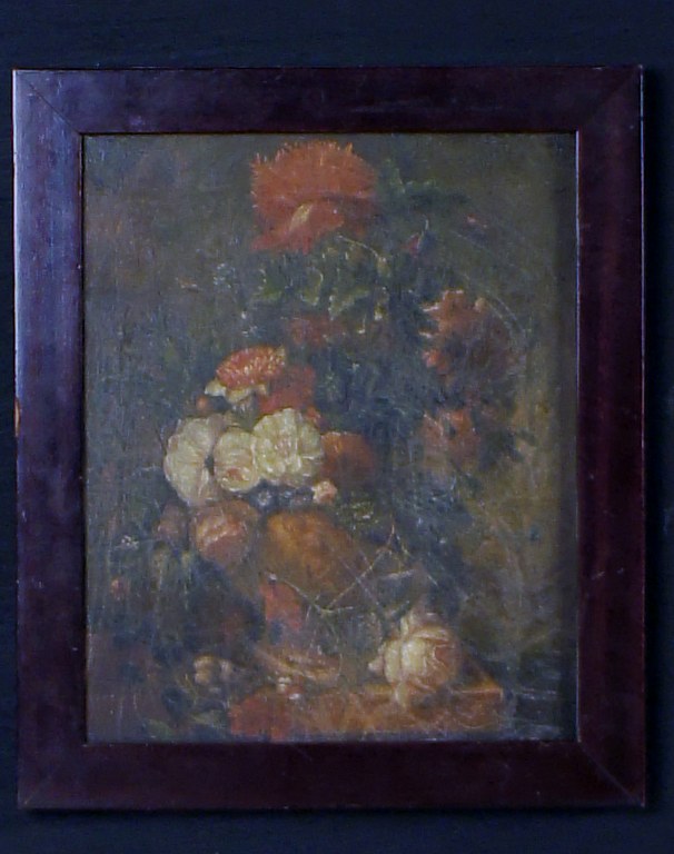 Oil on wood :19 C. flowers on a table. Unknown artist.