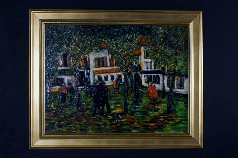 Presumably French painter, 20th century: Park Scene with strolling people, 
Paris?