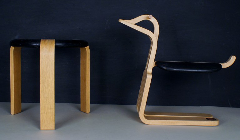 Magnus Olesen 1977 Jubilee rocking horse and stool in elm.