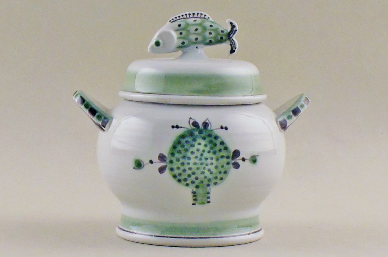 Rare Aluminia lidded jar, lid with fish on top.