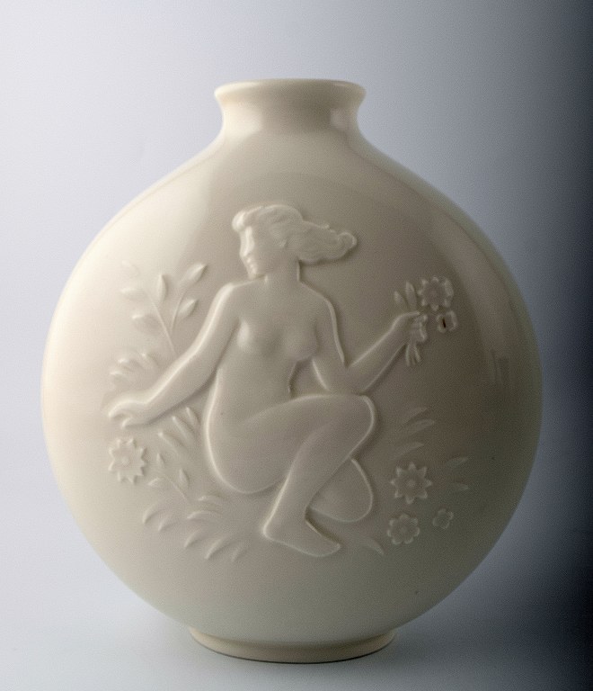 Royal Copenhagen blanc de chine vase, naked women in relief.