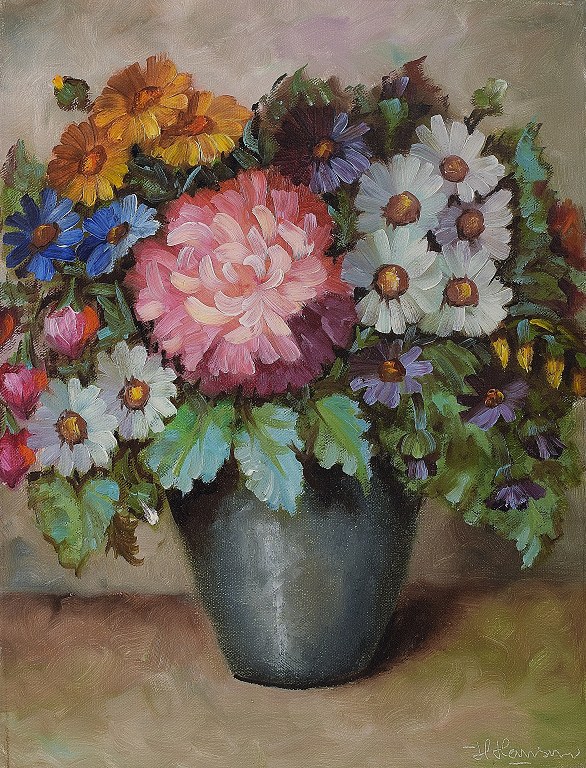 H. Hansen, blomster stilleben, olie på lærred.
