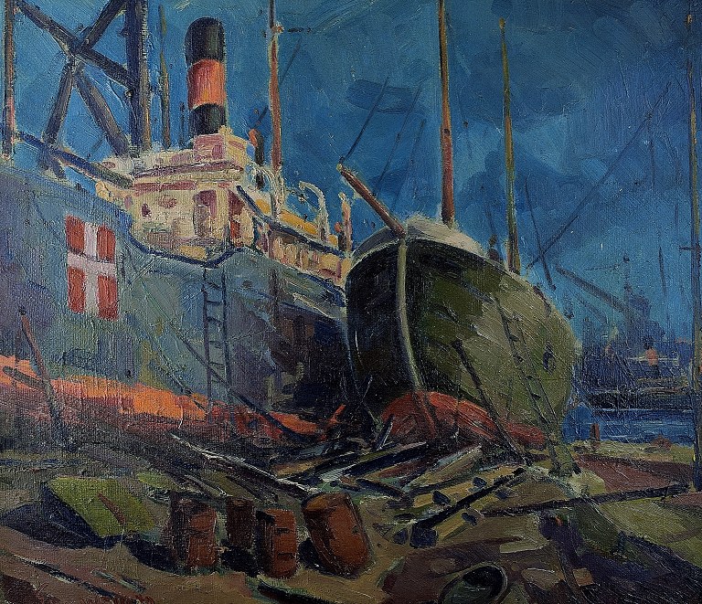 Dansk maler, krigsskib i havn.