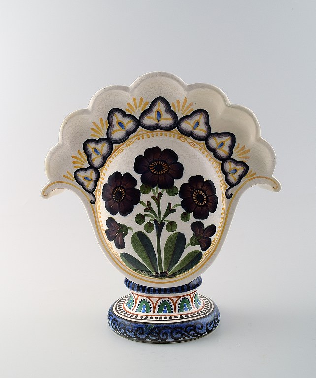 Aluminia Copenhagen faience bouquetiere / vase, hand painted with floral motifs.