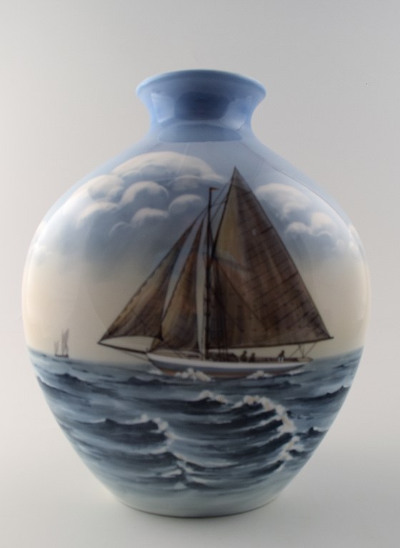 Large B & G, Bing & Grondahl porcelain vase, sailing ship on the ocean.
