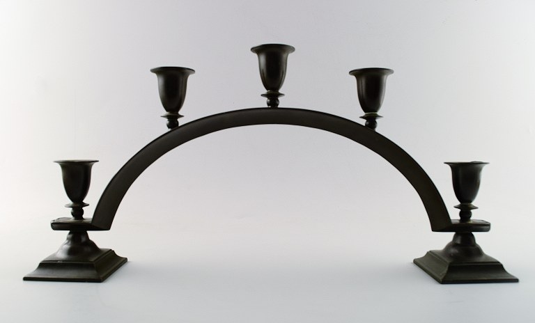 Large Five-armed candlestick, Just Andersen, disko metal, light bronze.
