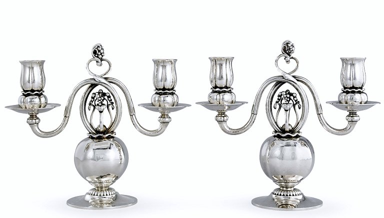 A PAIR OF DANISH SILVER TWO-LIGHT CANDELABRA, DESIGNED BY GEORG JENSEN. 