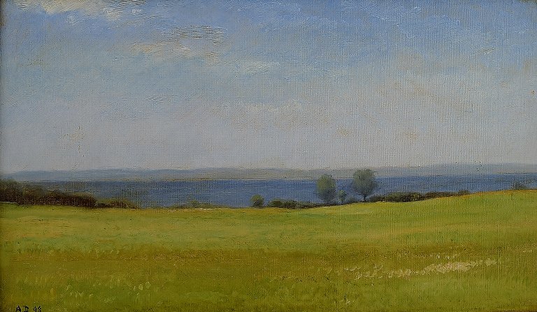 Anton Dorph: b. Horsens 1831, d. Copenhagen 1914.
"Grenå fjord". Beautiful danish summer landscape.
Sign. A. D 1898. Oil on canvas.