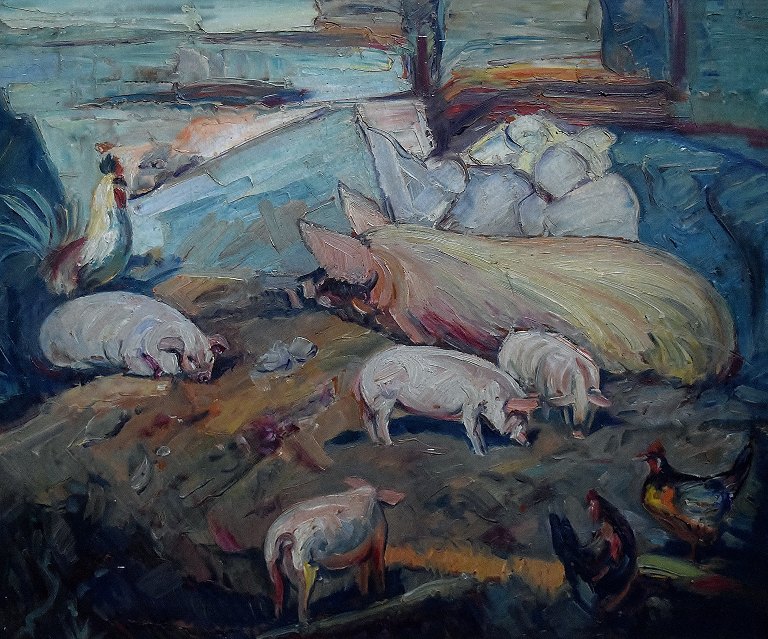 Unknown Scandinavian artist, app. 1920.
Oil on board. Pigs Stable.