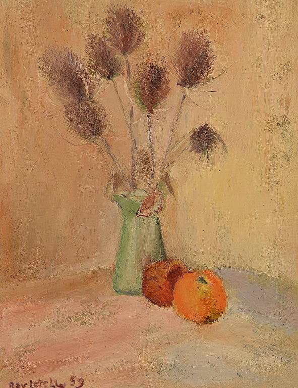 Ray Letellier, fransk kunstner "Pommes et chardons" 
stilleben med blomster i vase og frugter, olie på plade.