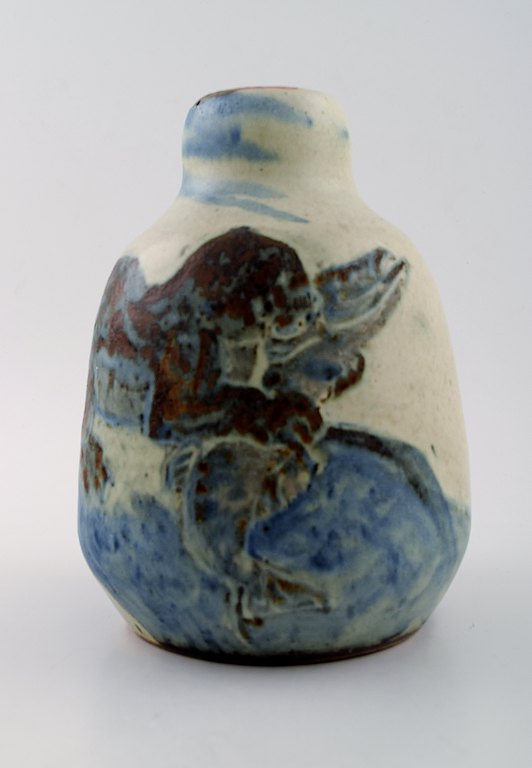 Unique Knud Kyhn for B&G/ Bing & Grondahl art pottery vase decorated with otter 
catching fish.