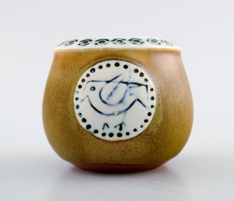 Lisa Larson for Gustavsberg, Sweden. Vase in pottery decorated with bird.