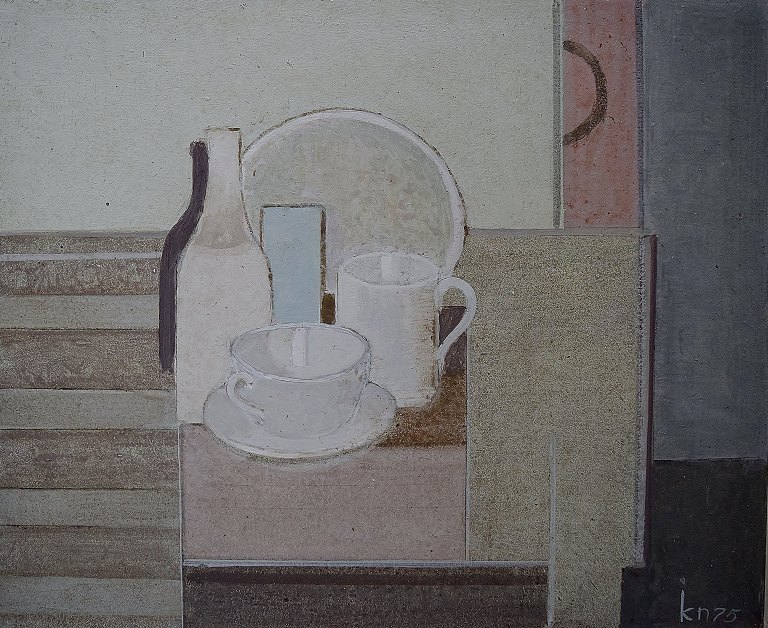 Karl Nielsen f. 1895, dansk kunstner, Modernistisk komposition, dateret 1975.