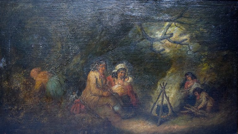 Unknown Old master. Oil on canvas, app. 1800.
People around bonfire in the forest.