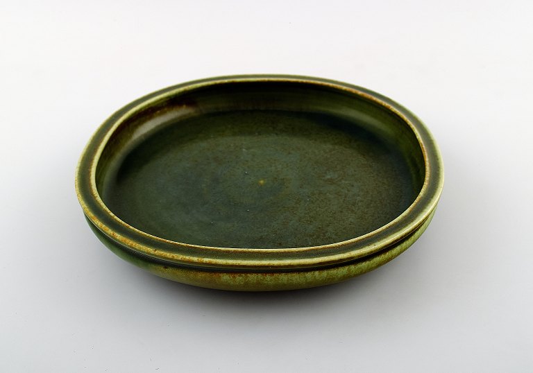 Saxbo, large ceramic dish, beautiful green glaze.
