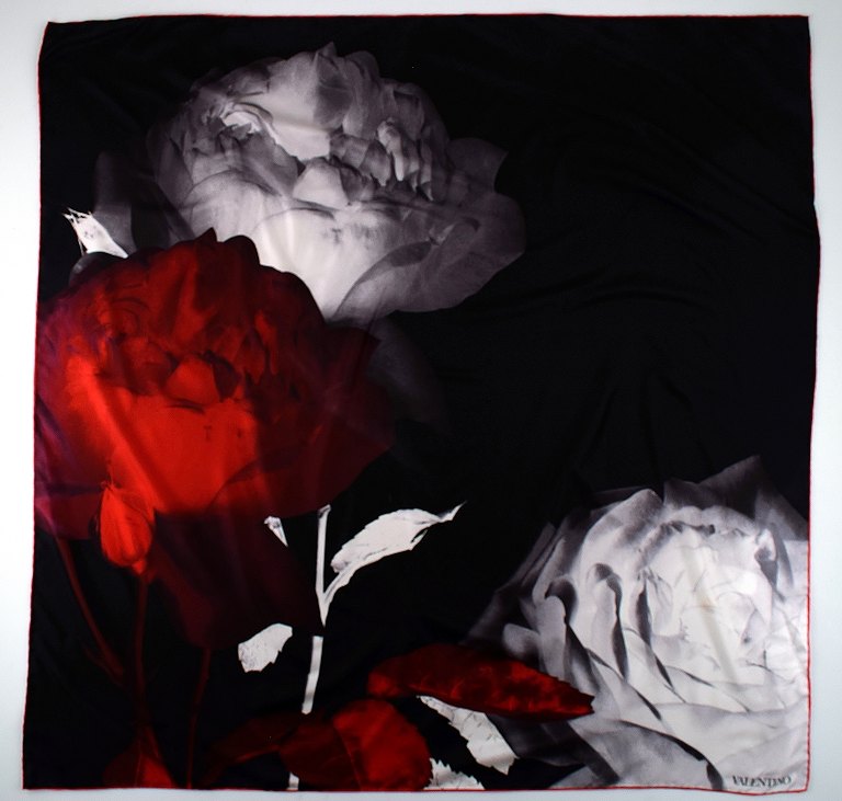 Valentino, Italy, vintage scarf with red and white roses.
