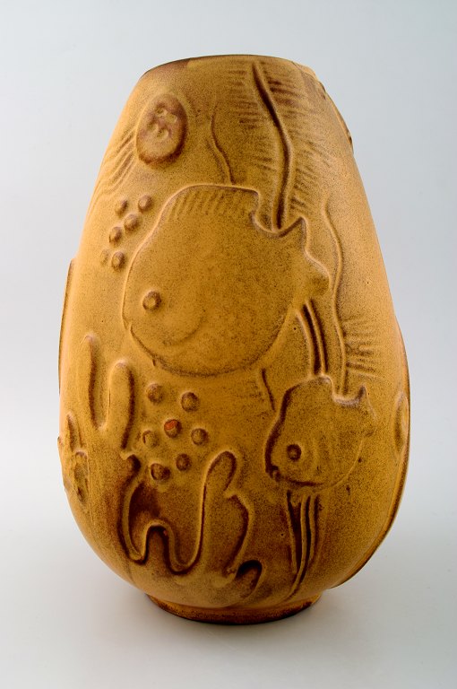 Mari Simmulson for Upsala-Ekeby art pottery vase. Fish in relief.
