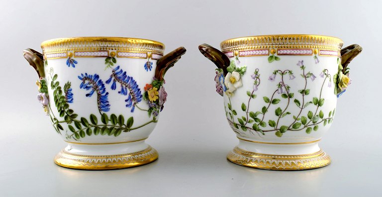 A pair of antique Royal Copenhagen "Flora Danica" large wine coolers/flower pots 
in porcelain.