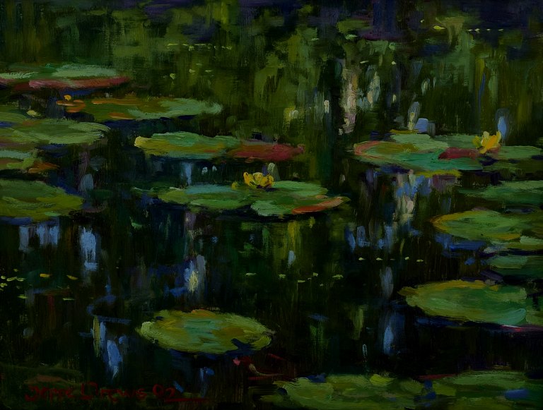 Jeppe Drews b. 1943. Danish artist. Water lilies. 
Oil on board.