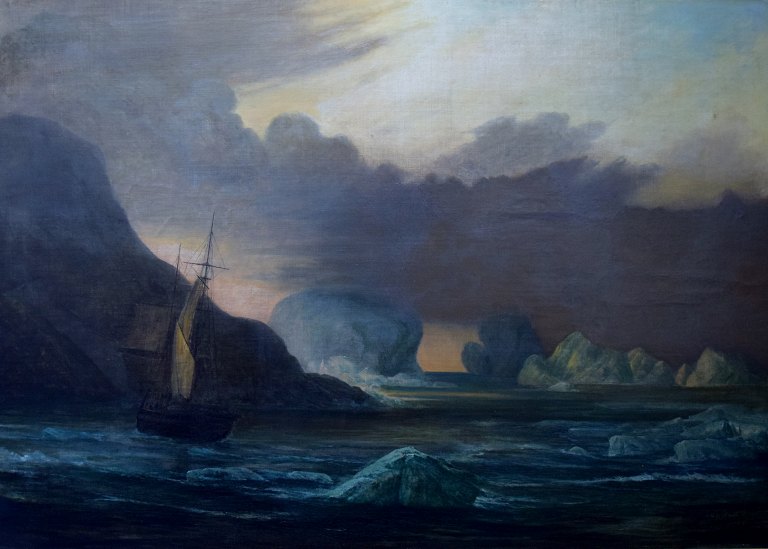 Frederik Theodor Kloss f. Braunschweig 1802, d. København 1876 : 
Et sejlskib nær kysten, ved et farvand fyldt med isbjerge. Antagelig Husavik, 
Island. Olie på lærred.