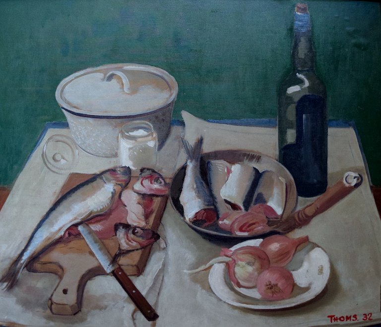 ERNST THOMS (born 1896, d. 1983) German artist. Still Life with lunch on table. 
Oil on plate.