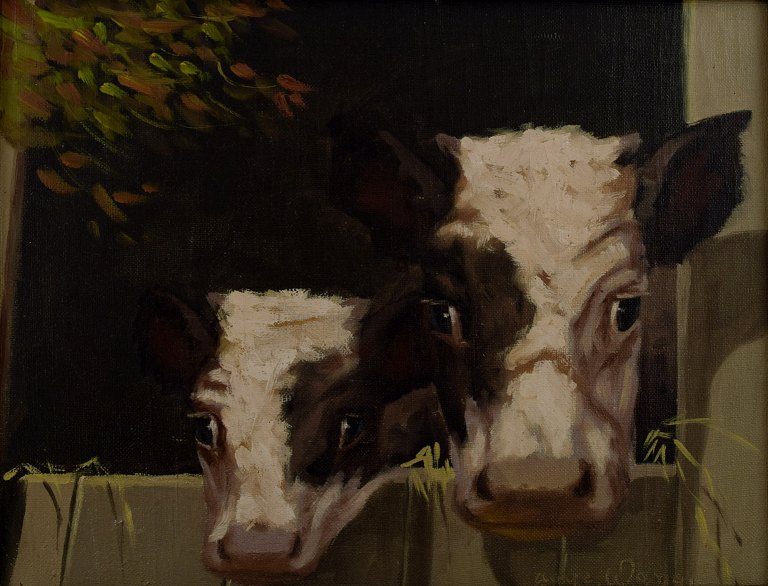 AAGE WANG. (pseudonym for Mark Osmand Curtis). Oil on canvas.
Motif with cows in stable door.