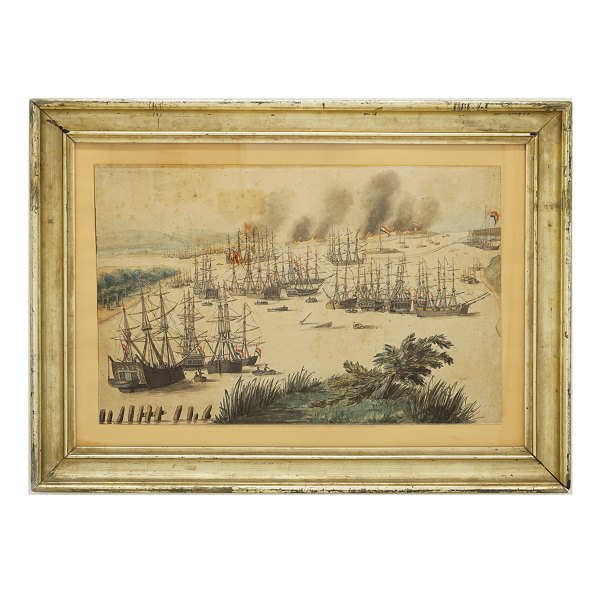 Ship aqua-rel painting with countless ships in a bay. Painted around 1830