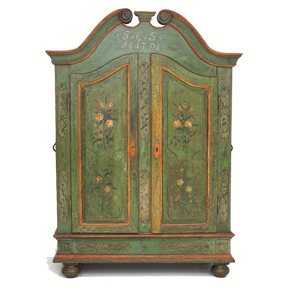 Originaldekorierter Schrank mit Rosenmotiven. Nordschleswig um 1750, Barock. H: 
199cm. B: 142cm. T: 57cm