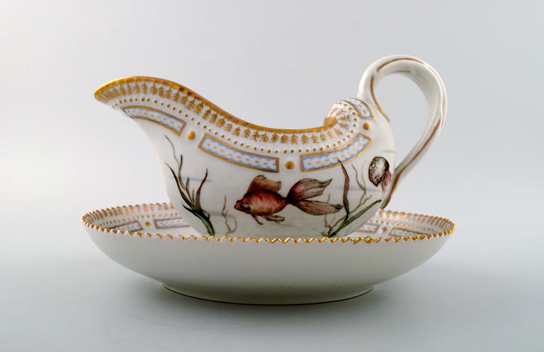 Rare Royal Copenhagen Porcelain Flora Danica / Fauna Danica Sauce boat, 
hand-painted with fish.