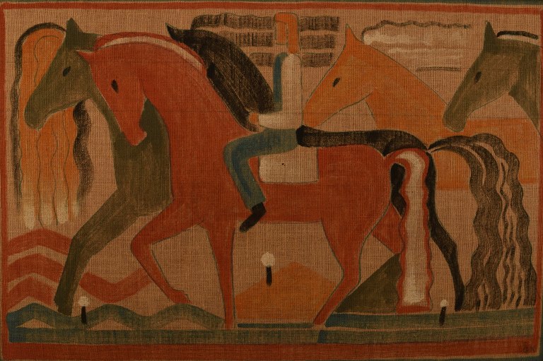 Cubist, 1930s. Male and horses.
Unknown artist.
Watercolor and pencil on canvas mounted on board.
