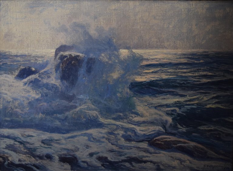 OSCAR HULLGREN (f. 1869, d. 1948) svensk kunstmaler.
Olie på lærred. Kystparti med brænding.