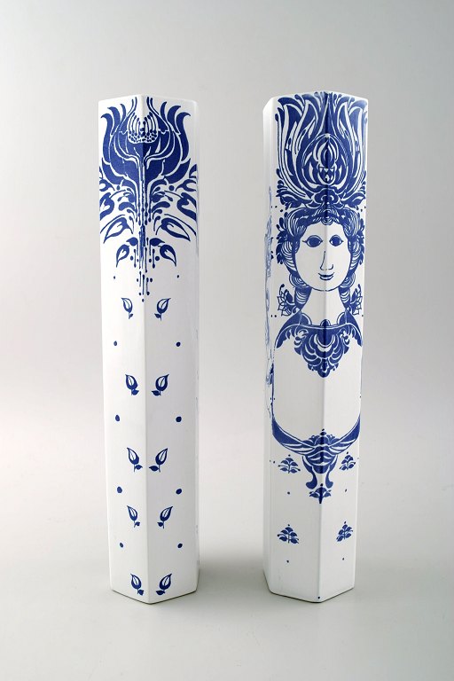 A pair of Bjørn Wiinblad, Nymølle candle for tealights and vase in earthenware 
decorated with woman and flower.