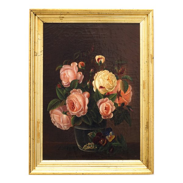 Stillife with roses. School of I L Jensen, Denmark, circa 1830. Oil on canvas. 
Signed "Li"lVisible size: 43x31cm. With frame: 51x39cm