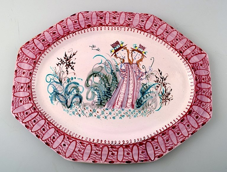 Bjorn Wiinblad: Rare and early unique large oblong red platter decorated with a 
woman with flowers in her hair, Bjorn Wiinblad 1950.