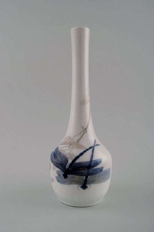Royal Copenhagen Art Nouveau vase with narrow neck, decorated with dragonfly.