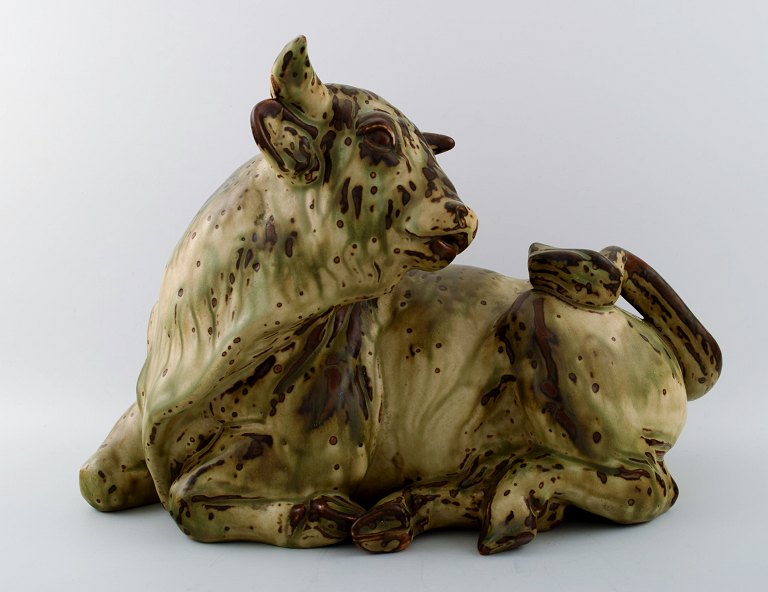 Royal Copenhagen stoneware number 2595 large bull. Sung glaze.
