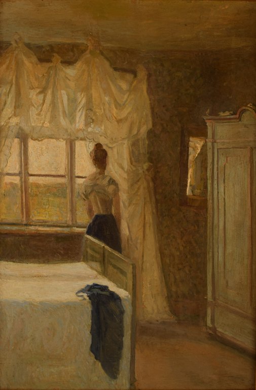 Dansk maler, ca. 1890´erne: Interiør fra et sovekammer med en rygvendt kvinde 
ved vinduet.