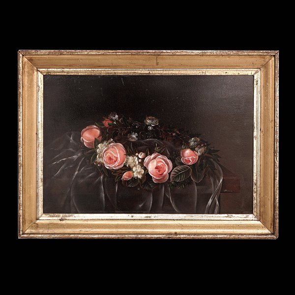 Hanne or Johanne Hellesen(?), 1801-44: Stilllife with roses. Oil on plate. 
Signed. Visible size: 26,5x40,5cm. With frame: 36x50cm