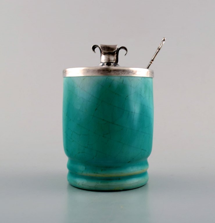 Michael Andersen, Denmark: Mustard jar in crackled ceramics with silver lid and 
silver spoon.
