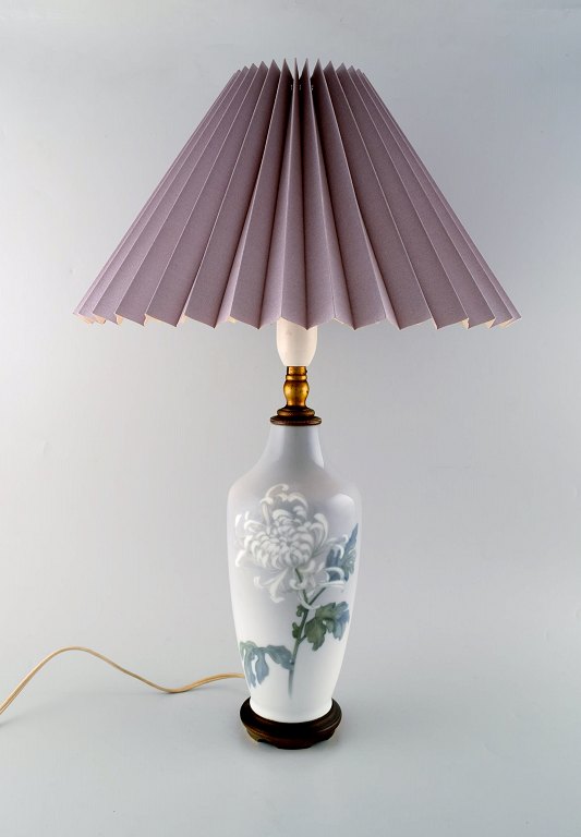 Royal Copenhagen large table lamp on brass stand decorated with flowers. 1930