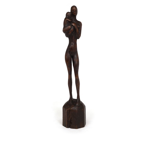 Grosse Otto P.-Figur aus Holz: Mutter mit Kind. Signiert. H: 56cm